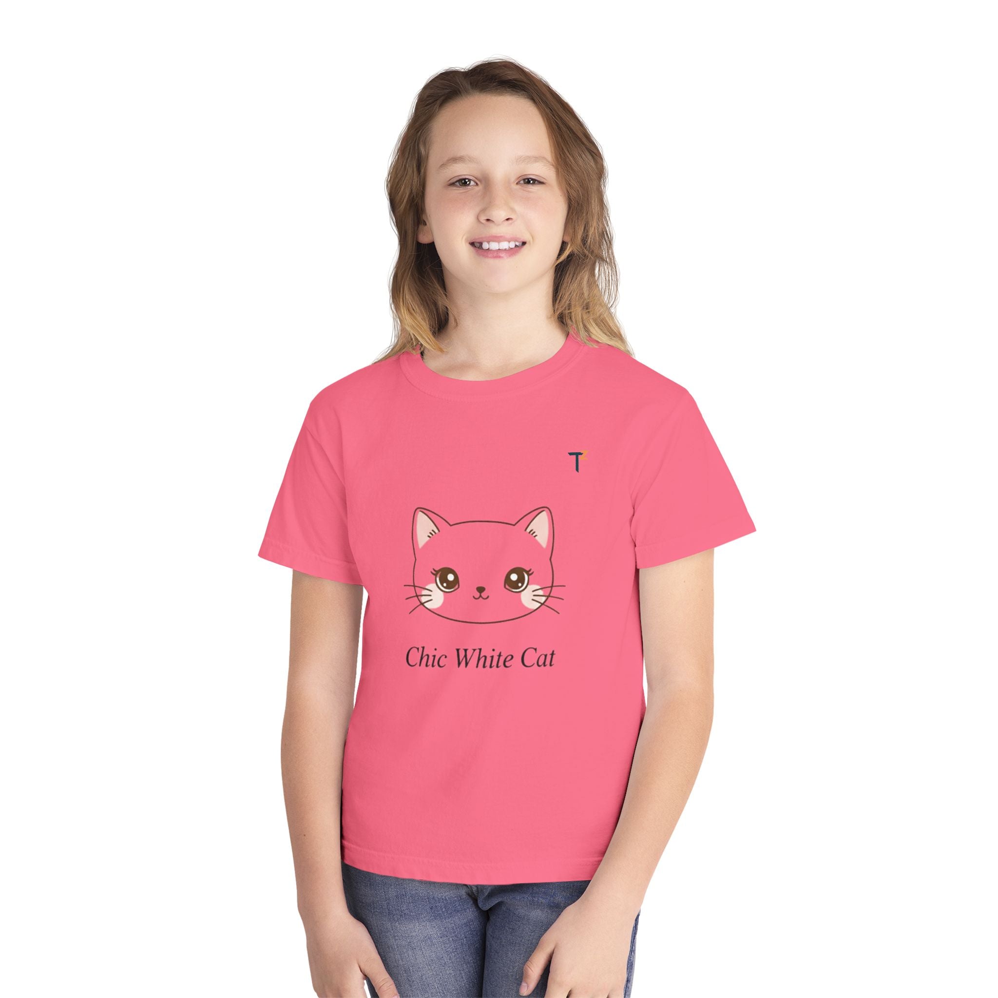 Chic White Cat Youth Tee, Cute Cat T-Shirt, Kids Casual Wear, Cat Lover Gift, Purr-fect for Birthdays, Everyday Comfort