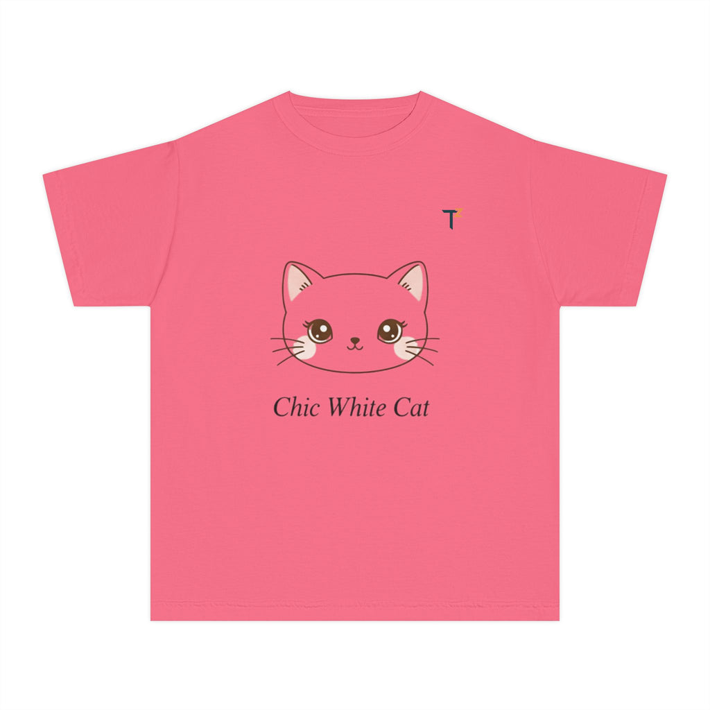 Chic White Cat Youth Tee, Cute Cat T-Shirt, Kids Casual Wear, Cat Lover Gift, Purr-fect for Birthdays, Everyday Comfort