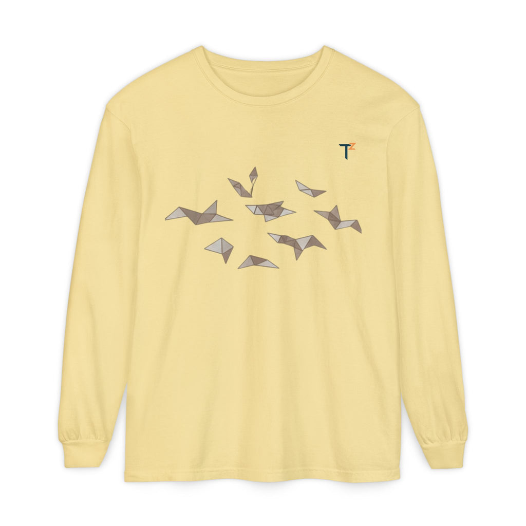 Whimsical Bird Origami Long Sleeve Tee, Casual, Unisex, Nature Lover Gift, Eco-friendly Fashion, Spring Style, Everyday Wear