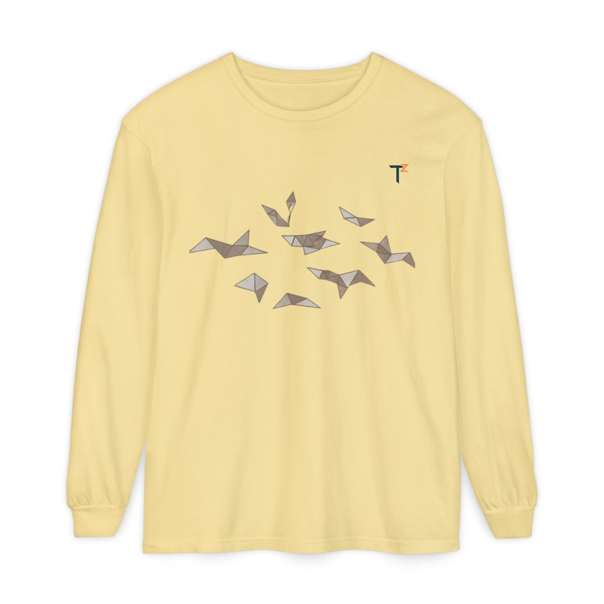 Whimsical Bird Origami Long Sleeve Tee, Casual, Unisex, Nature Lover Gift, Eco-friendly Fashion, Spring Style, Everyday Wear