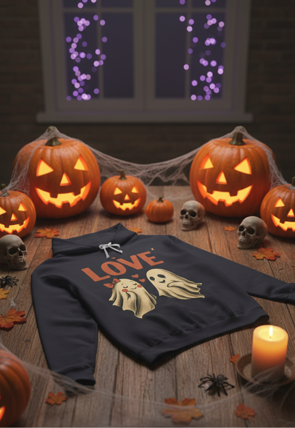 Cute Ghost Love Hoodie, Halloween Sweatshirt, Unisex Lightweight Pullover, Gift for Couples, Spooky Love Apparel