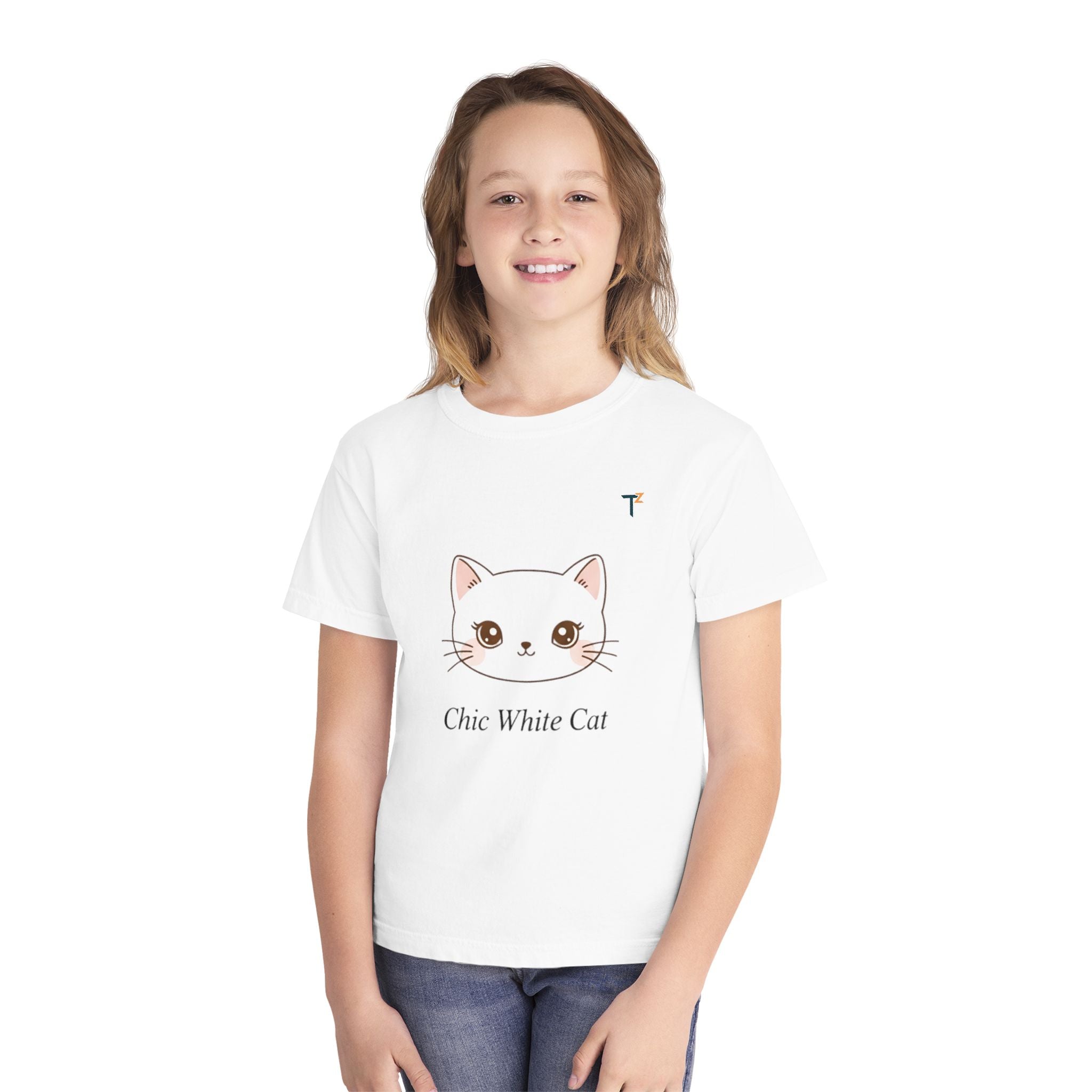 Chic White Cat Youth Tee, Cute Cat T-Shirt, Kids Casual Wear, Cat Lover Gift, Purr-fect for Birthdays, Everyday Comfort