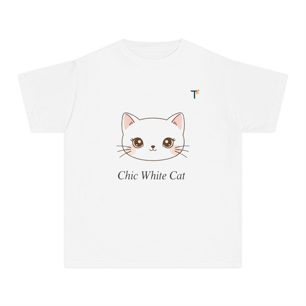 Chic White Cat Youth Tee, Cute Cat T-Shirt, Kids Casual Wear, Cat Lover Gift, Purr-fect for Birthdays, Everyday Comfort